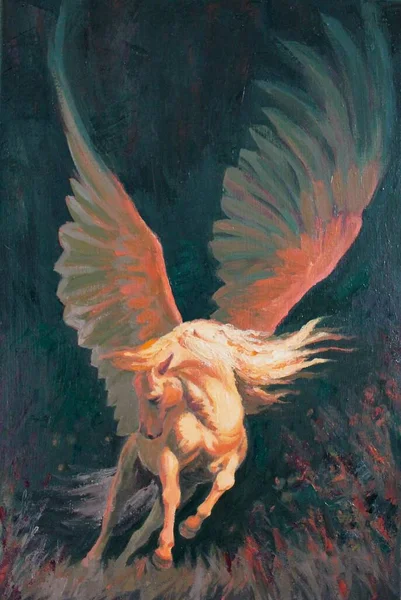 Yükselen güneşin güçlü kırmızı ışığında dinamik ve anlamlı hareket eden Pegasus - yağlı boya resim