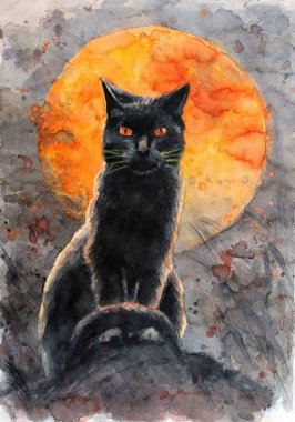 Turuncu gözlü kara kedi turuncu ayın arka planında oturuyor, tamamen elle boyanmış, suluboya, su boyası.