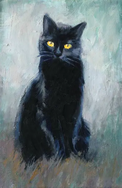 Sarı gözlü kara kedi oturuyor, tamamen siluet. Tuval üzerine yağlı boya boya. İzlenim, açık arkaplan, daraltılmış renk aralığı, parlak renkler