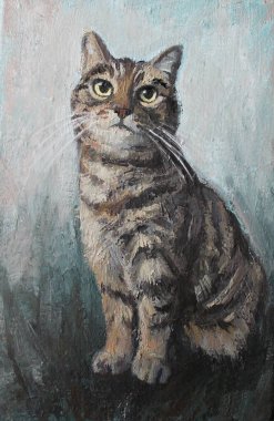 Oturan tüylü bir brindle kedinin portresi ve tüm silueti görebilirsiniz. Tuvalde yağ, el yapımı, yağlı boya, resimleme, sanatsal, izlenimci, boya dokusu