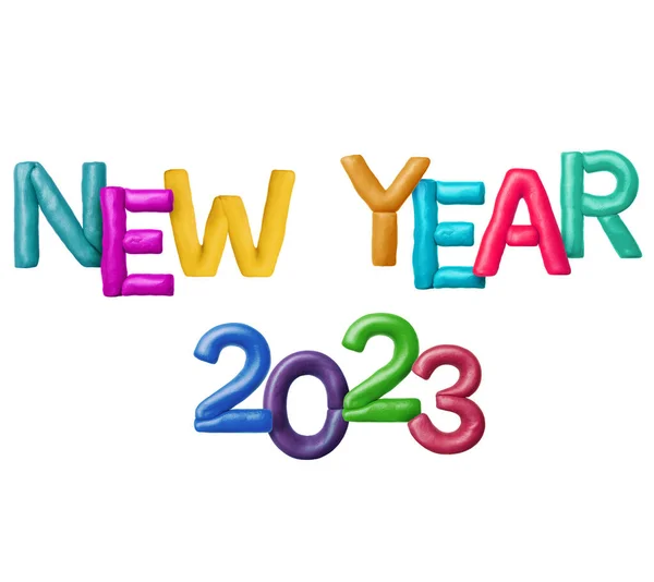 Inscription New Year 2023 Made Colored Plasticine Letters White Background — Stock Photo, Image