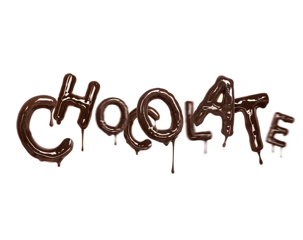 Palabra Chocolate Con Gotas Está Hecha Chocolate Derretido Sobre Fondo —  Fotos de Stock