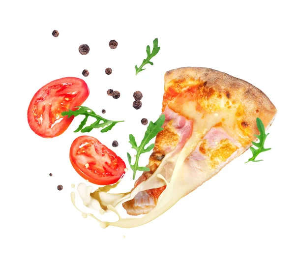 Гарячий Шматочок Піци Розтопленим Сиром Інгредієнтами Повітрі — стокове фото