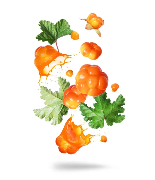 Whole Sliced Cloudberry Juice Splashes Air Isolated White Background — Stok Foto