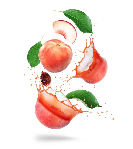 Whole Sliced Peaches Juice Splashes Air Isolated White Background — Stock Photo, Image