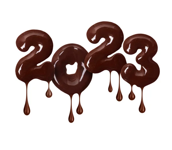 2023 Szám Olvadt Csokoládéból Készült Fehér Alapon Izolálva — Stock Fotó