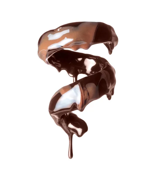 Chocolate Derretido Com Leite Forma Rodopio Isolado Sobre Fundo Branco — Fotografia de Stock