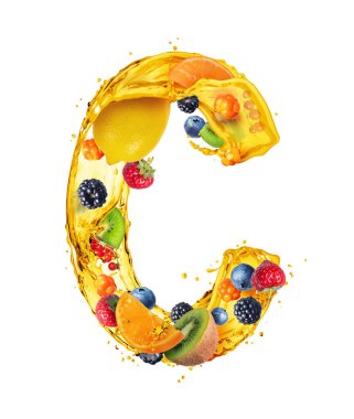 Latince C harfi meyve suyu lekeleri ve çeşitli meyve ve böğürtlenlerden oluşur.