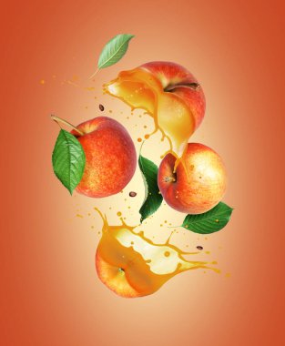 Tam ve dilimlenmiş elma suyu havaya sıçradı. 