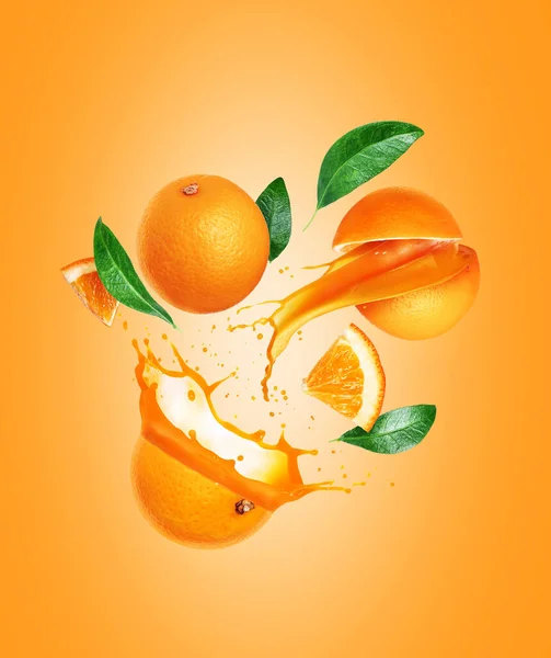 Whole and sliced oranges with juice splashes in the air on a yellow background