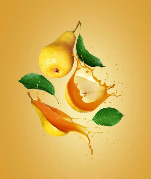 Whole and sliced pears with juice splashes in the air