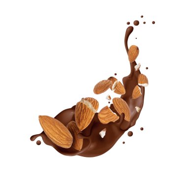 Crushed almonds in chocolate splash on a white background