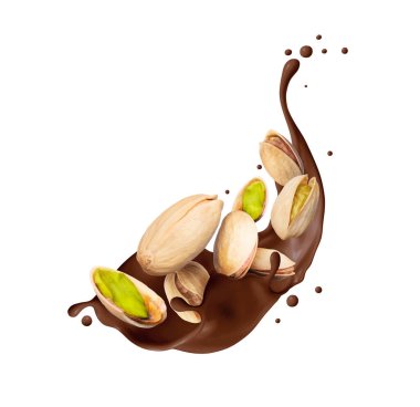 Crushed pistachios in chocolate splash isolated on a white background