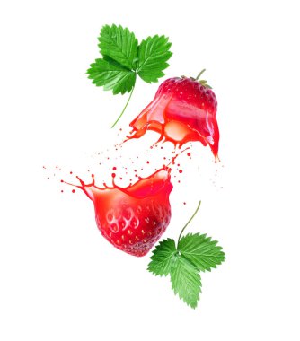 Strawberry cut into two halves with splashes of juice closeup