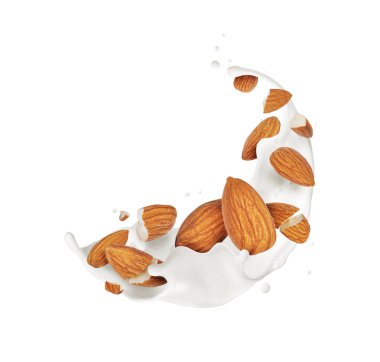 Crushed almonds in splashes of milk on a white background