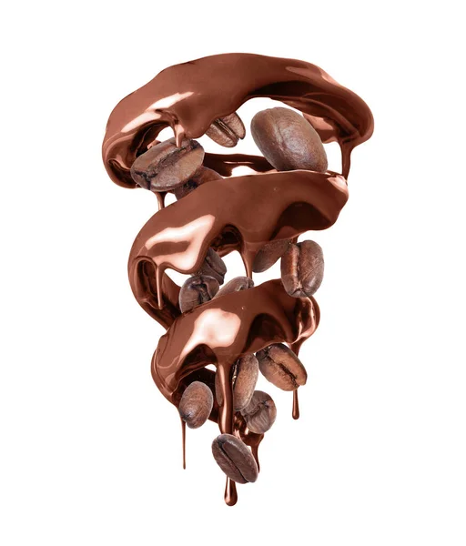Coklat Meleleh Dalam Bentuk Berputar Putar Dengan Biji Kopi Terisolasi — Stok Foto