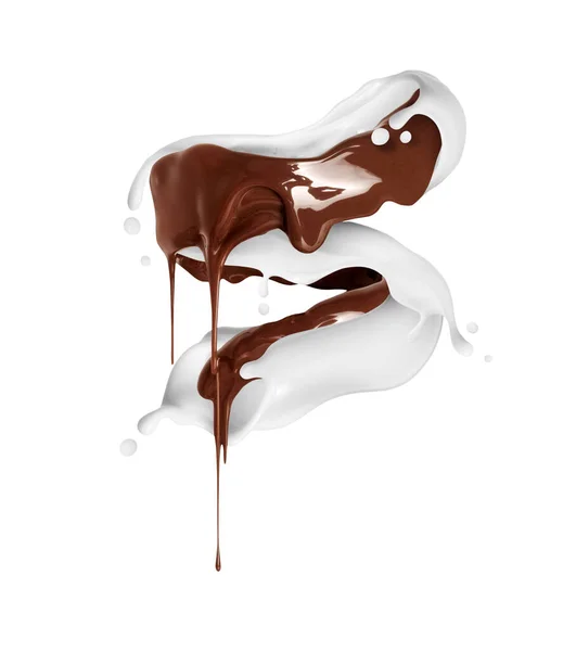 白い背景に隔離された渦巻く形でチョコレートとミルクのスプラッシュ — ストック写真