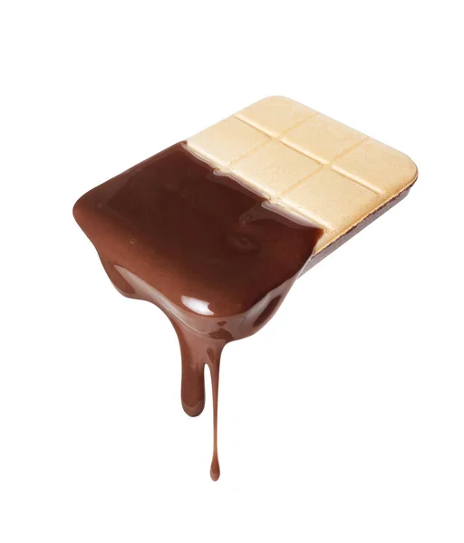 Chocolate Caliente Goteando Galletas Crujientes Aisladas Sobre Fondo Blanco — Foto de Stock