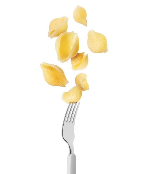 Macaroni Lucht Met Vork Close Geïsoleerd Een Witte Achtergrond — Stockfoto