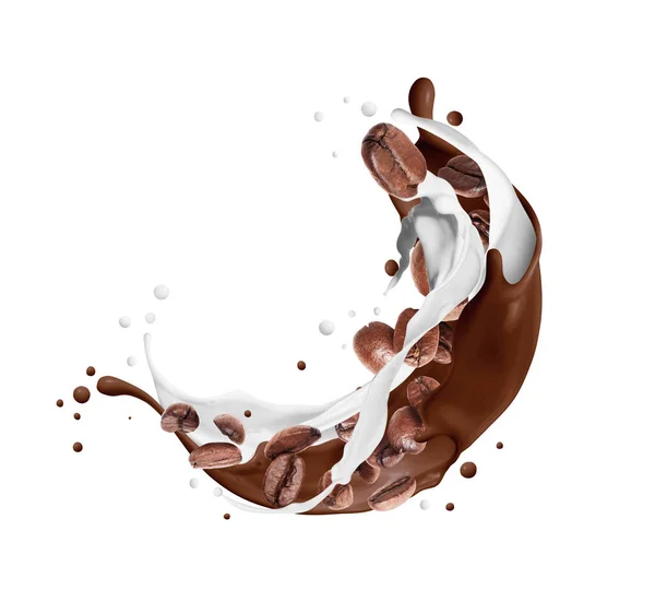 Kaffeebohnen Mit Schokolade Und Milchspritzern Auf Weißem Hintergrund — Stockfoto