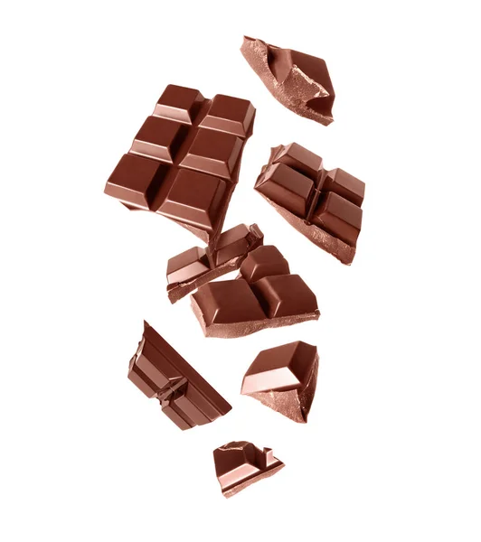Розбитий Бар Темного Шоколаду Повітрі Ізольований Білому Тлі — стокове фото