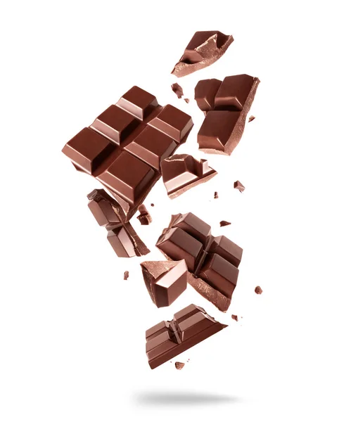 Zerbrochene Tafel Dunkler Schokolade Der Luft Auf Weißem Hintergrund — Stockfoto