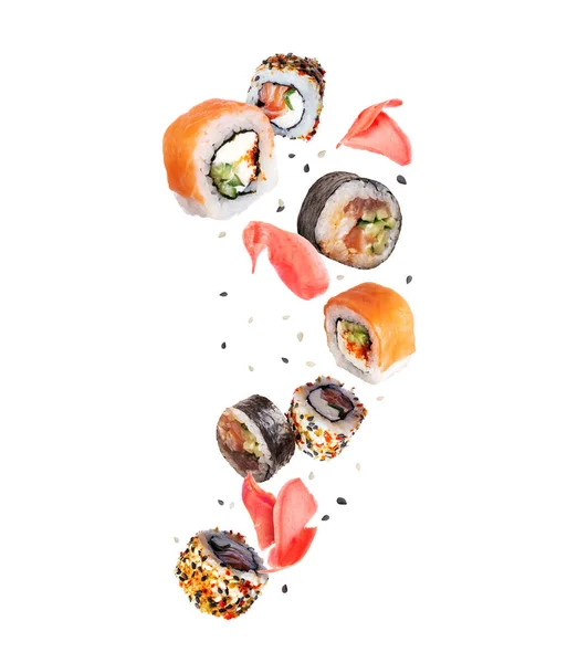 Vários Rolos Sushi Com Gengibre Fundo Branco — Fotografia de Stock