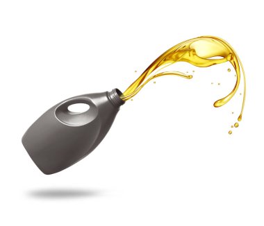 Beyaz arka planda izole edilmiş plastik bir şişeden motor yağı damlıyor.
