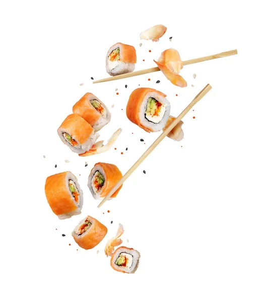 Deliciosos Rolos Sushi Fresco Com Salmão Isolado Fundo Branco — Fotografia de Stock