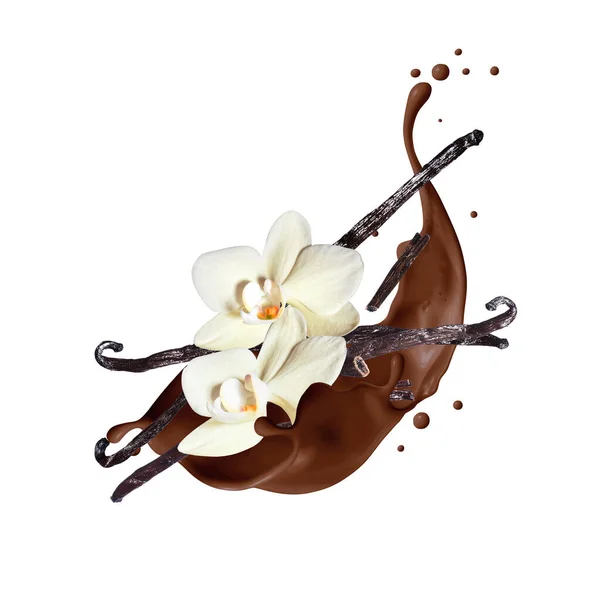 Getrocknete Vanillestangen Mit Blüten Schokoladenspritzern Auf Weißem Hintergrund — Stockfoto