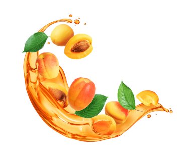 Beyaz arka planda izole edilmiş meyve suyu damlalarıyla olgun kayısılar.