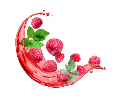 Olgun ahududu yaprakları beyaz arka planda izole edilmiş meyve suyu damlaları.