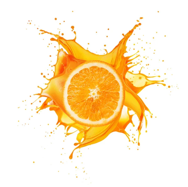 一半的橘子 有少许的果汁在白色的背景上隔离 — 图库照片