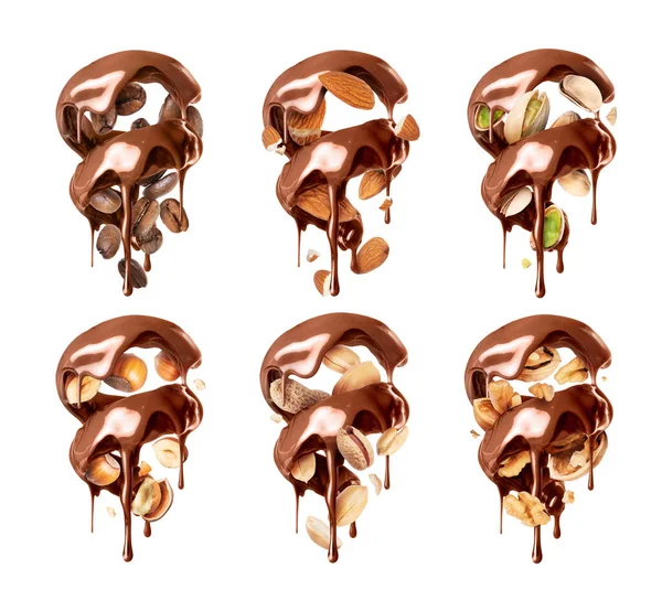 Conjunto Várias Nozes Espiral Chocolate Isolado Fundo Branco — Fotografia de Stock
