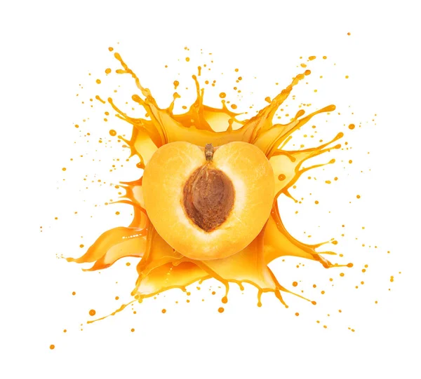 Half Apricot Splashes Juice Isolated White Background — Stock Photo, Image