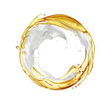 Olive oil with milk splashes arranged in a circle isolated on a white background clipart