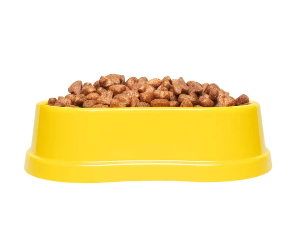 用黄色塑料碗隔离在白色背景下的猫或狗的干粮 — 图库照片
