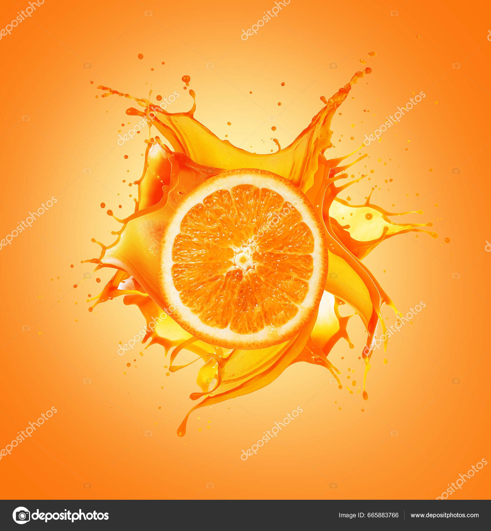オレンジの背景にジュースのスプラッシュを持つみかんの半分 — ストック写真 © Vikingur #665883766, image size:1573x1700