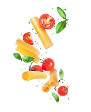 Havada domatesli ve fesleğenli Cannelloni beyaz arka planda izole bir şekilde kapalı. 