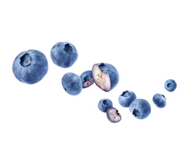 Ripe Whole Sliced Blueberries Close Air White Background — Stock Photo, Image