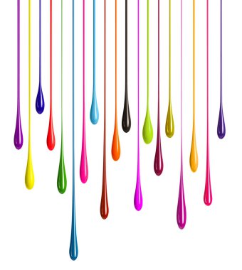 Renkli gerilmiş boya damlaları beyaz arkaplanda izole edilmiş. 