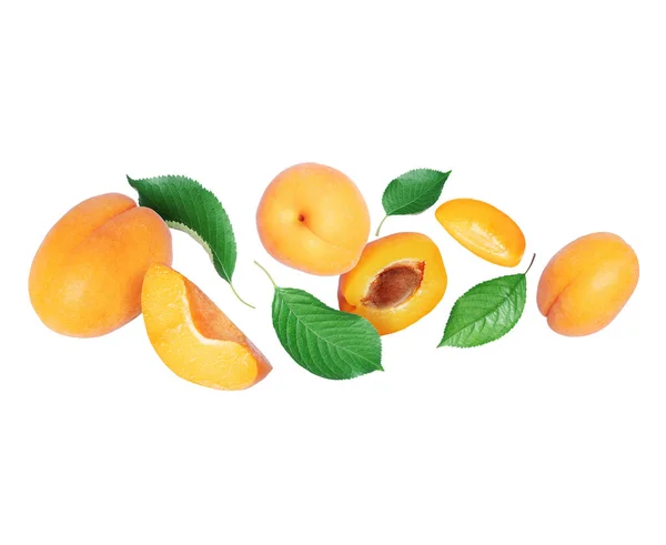 Ripe Whole Sliced Apricots Leaves Close Air Isolated White Background — Stock Photo, Image