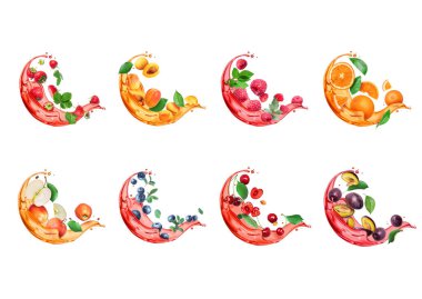 Beyaz arka planda izole edilmiş meyve suyu damlaları halinde çeşitli meyve ve meyveler.