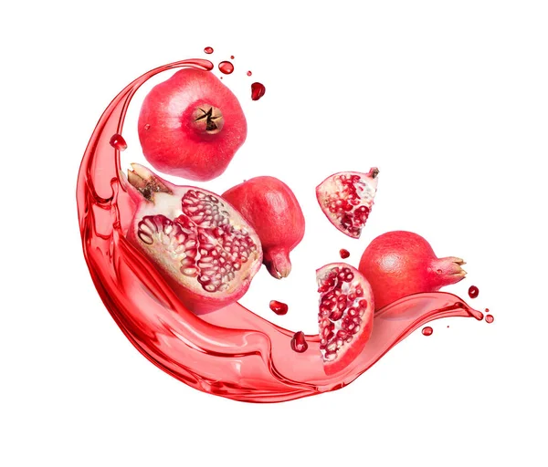 Whole Sliced Pomegranates Splashes Juice Isolated White Background — Stock Photo, Image