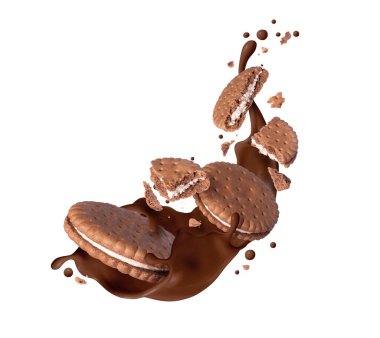 Çikolatayla ezilmiş çıtır çıtır kurabiyeler beyaz arka planda izole edilmiş.