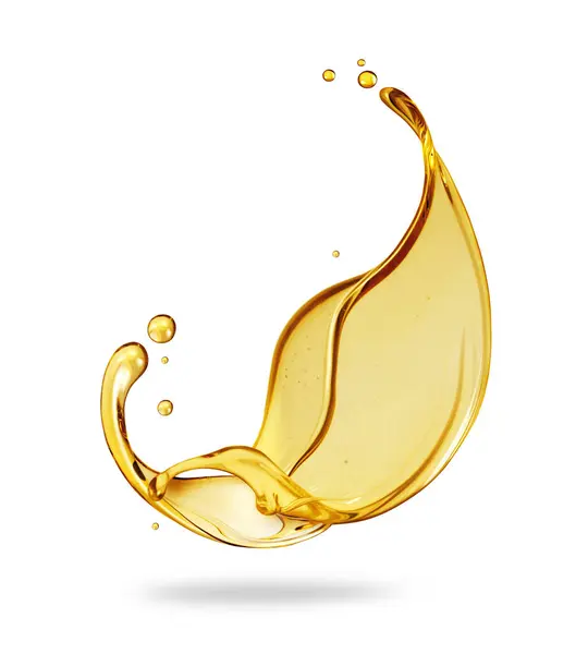 Beyaz arka planda izole edilmiş güzel, bükülmüş bir yağ damlası. Altın kalınlığında meyve suyu veya zeytinyağı.