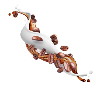 Sütlü ve kahverengi kahve çekirdekleri beyaz arka planda izole edilmiş.