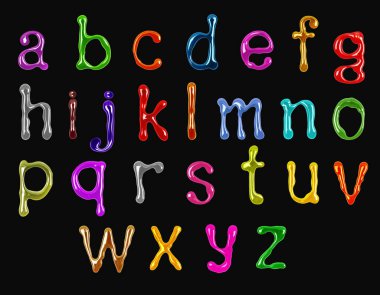 Siyah arka planda izole edilmiş boyayla çizilmiş renkli, parlak, küçük latin harfler.