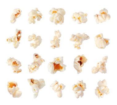 Beyaz arka planda izole edilmiş patlamış mısır seti. Lezzetli patlamış mısır koleksiyonu