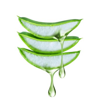 Dilimlenmiş bir Aloe Vera yaprağından sızan su damlaları beyaz bir arka planda izole edilmiş..